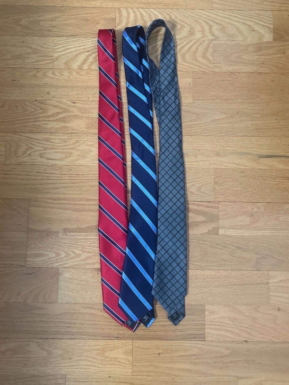 Bespoke Three-Tie Set in Red, Blue and Gray
